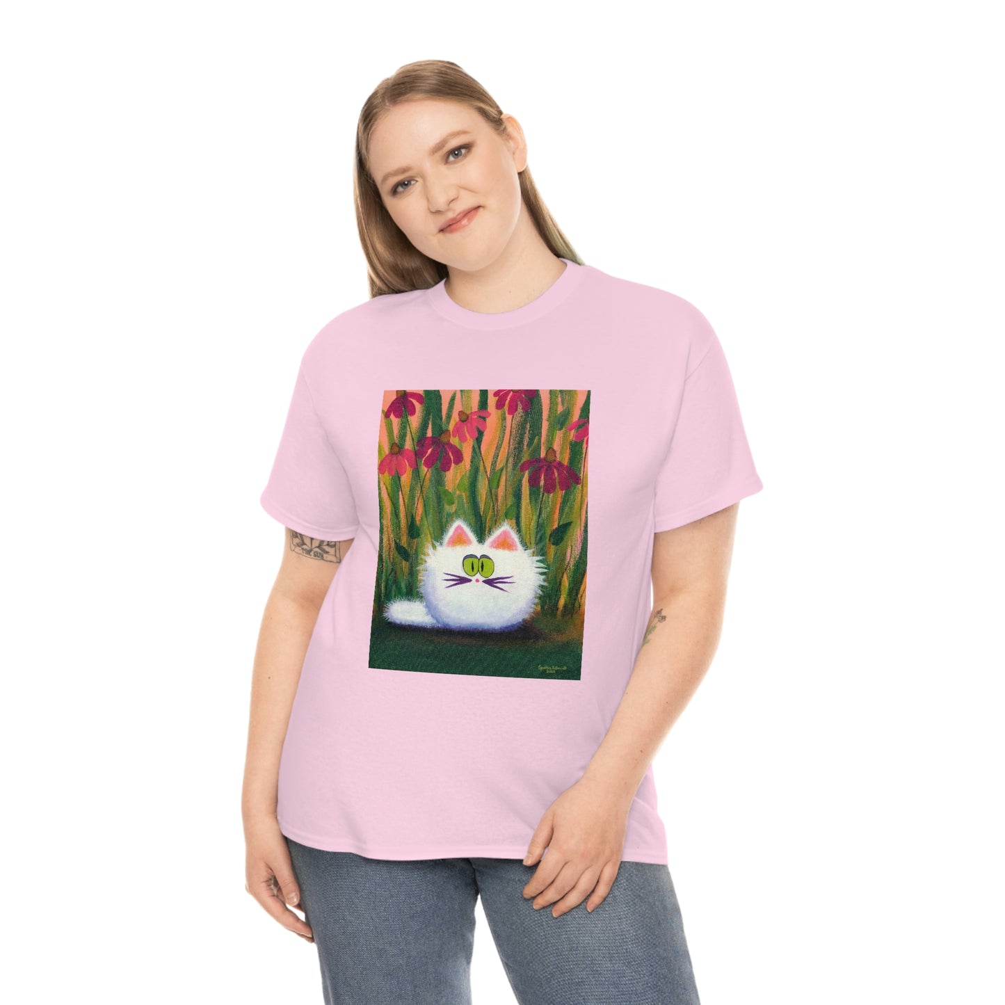 White FluffCat with Coneflowers - T-Shirt! Free Shipping!