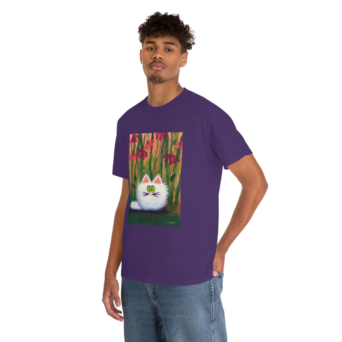 White FluffCat with Coneflowers - T-Shirt!  Free Shipping!