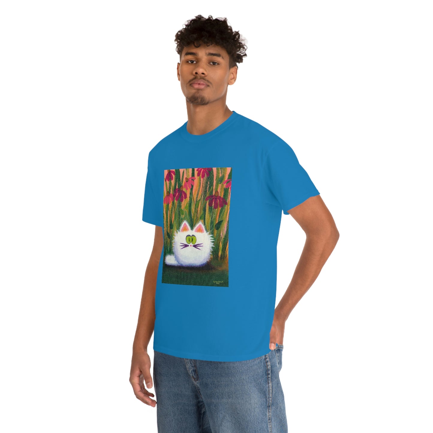 White FluffCat with Coneflowers - T-Shirt!  Free Shipping!