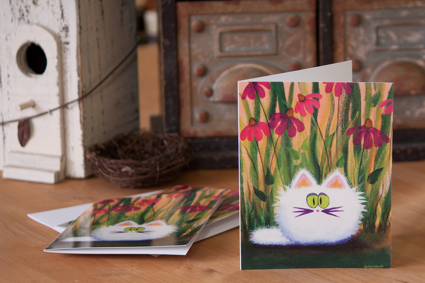 White Cat in Coneflowers — Note Card
