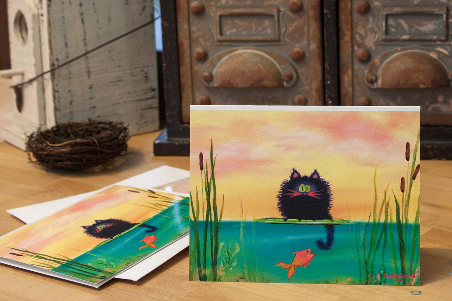 Fishing Cat with Goldfish Note Card - Cranky Cat Collection by Cynthia Schmidt
