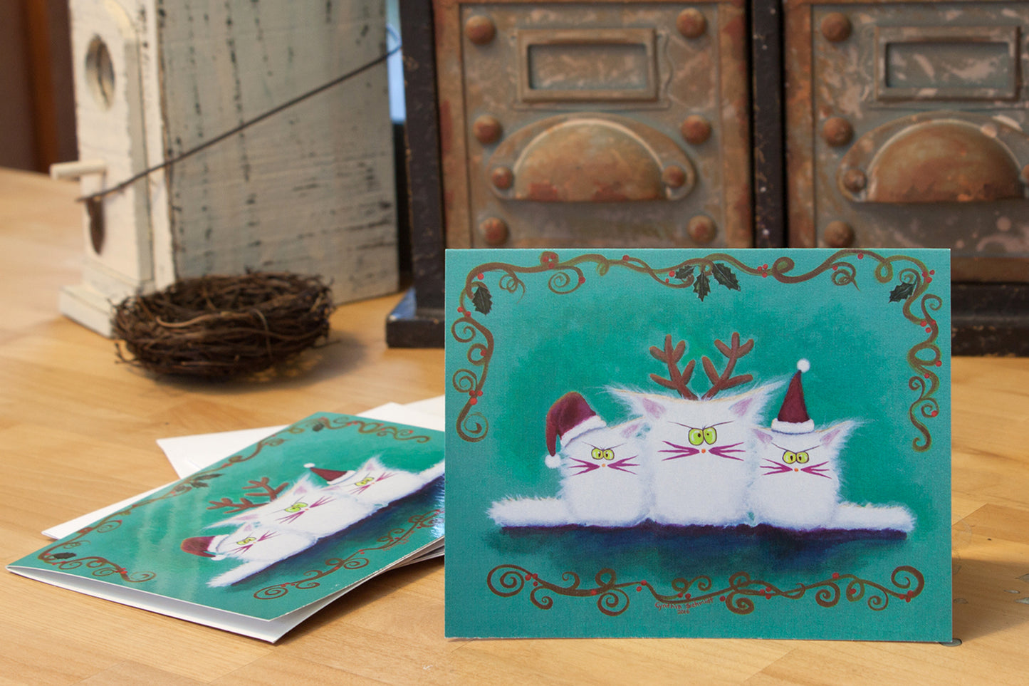 Three White Christmas Kitties — Note Card