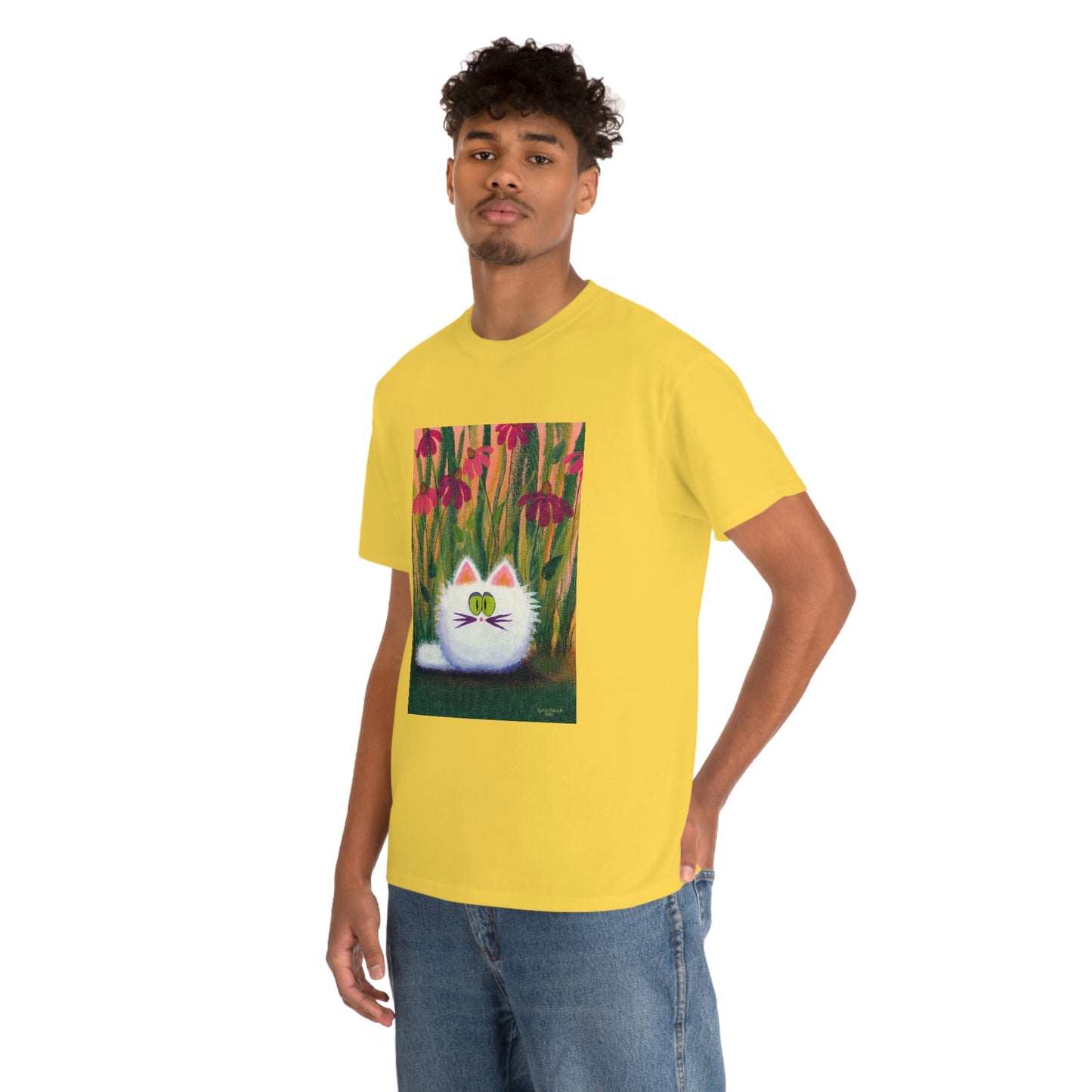 White FluffCat with Coneflowers - T-Shirt!  Free Shipping!