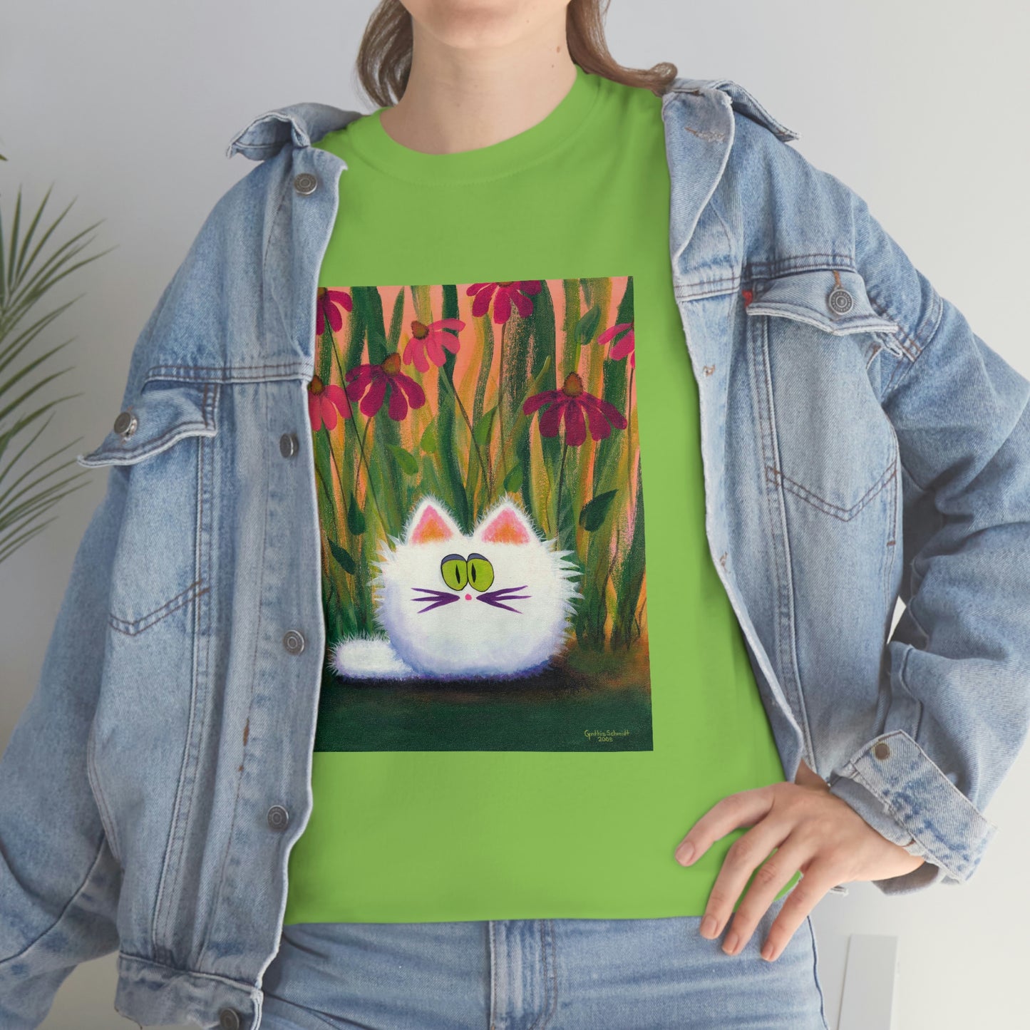 White FluffCat with Coneflowers - T-Shirt!  Free Shipping!