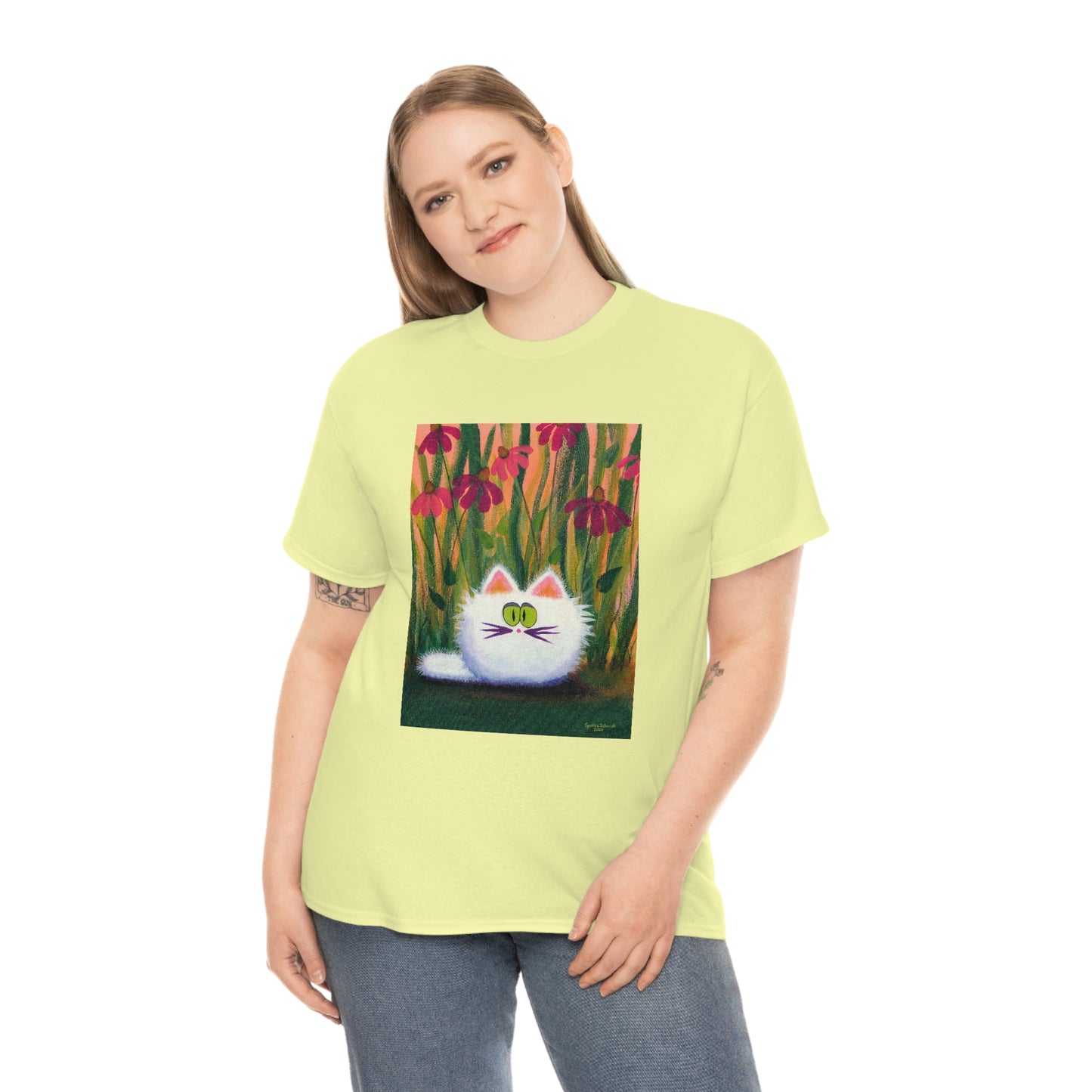 White FluffCat with Coneflowers - T-Shirt!  Free Shipping!