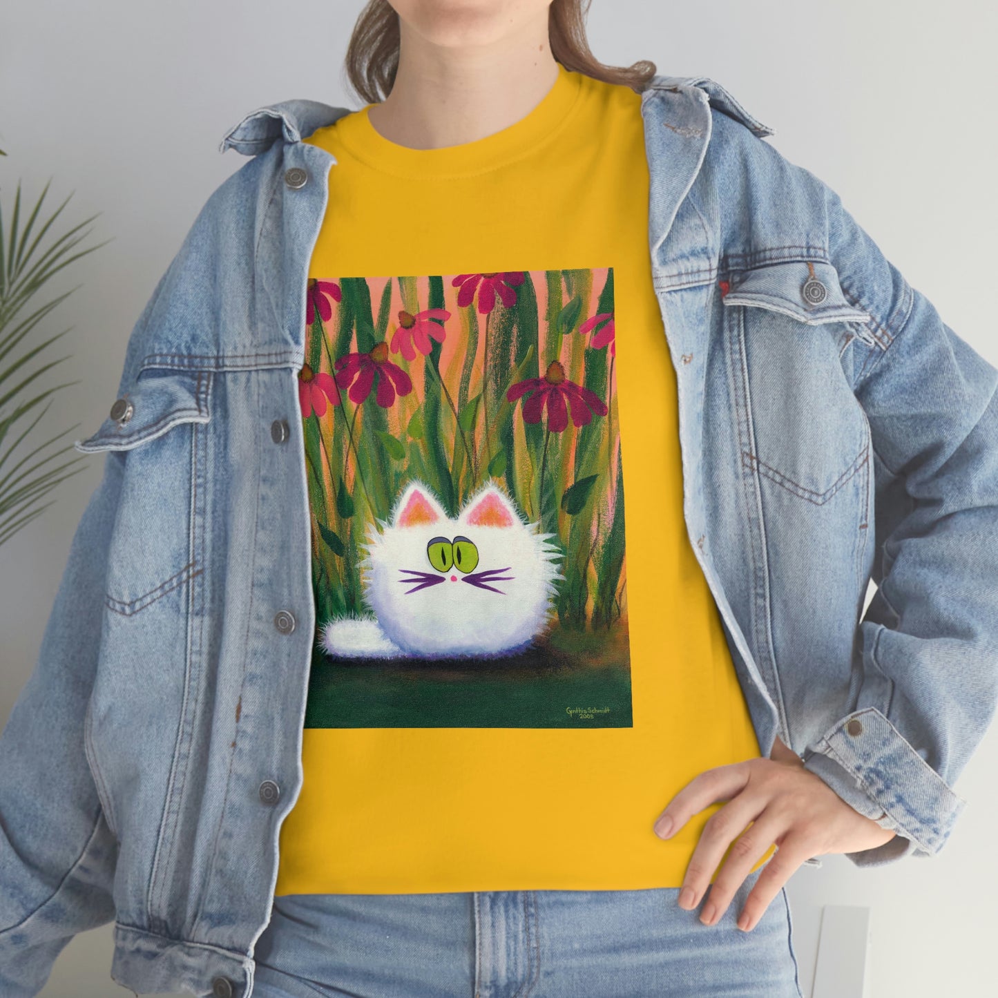 White FluffCat with Coneflowers - T-Shirt!  Free Shipping!