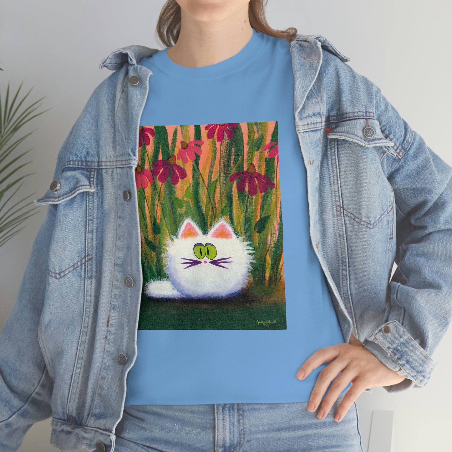 White FluffCat with Coneflowers - T-Shirt! Free Shipping!