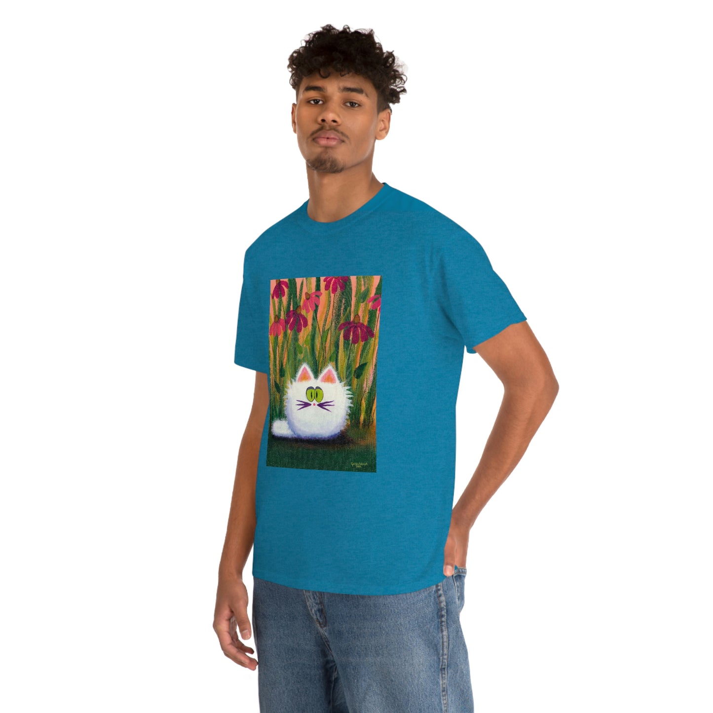 White FluffCat with Coneflowers - T-Shirt! Free Shipping!