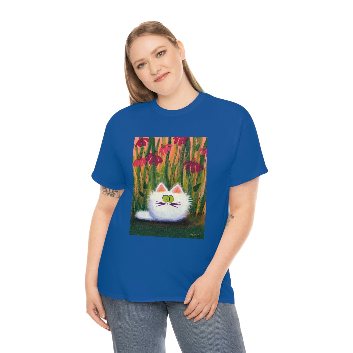 White FluffCat with Coneflowers - T-Shirt! Free Shipping!