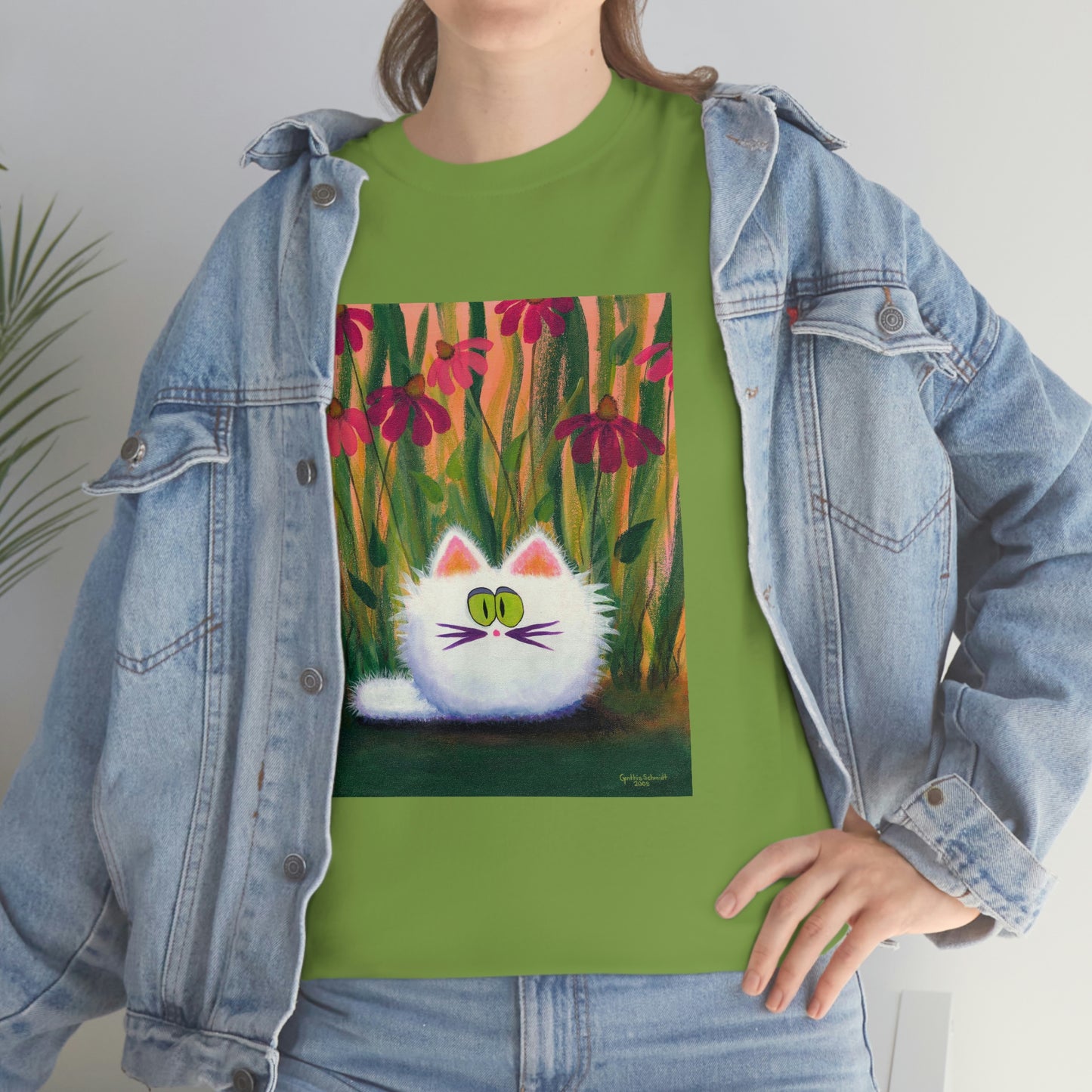 White FluffCat with Coneflowers - T-Shirt! Free Shipping!