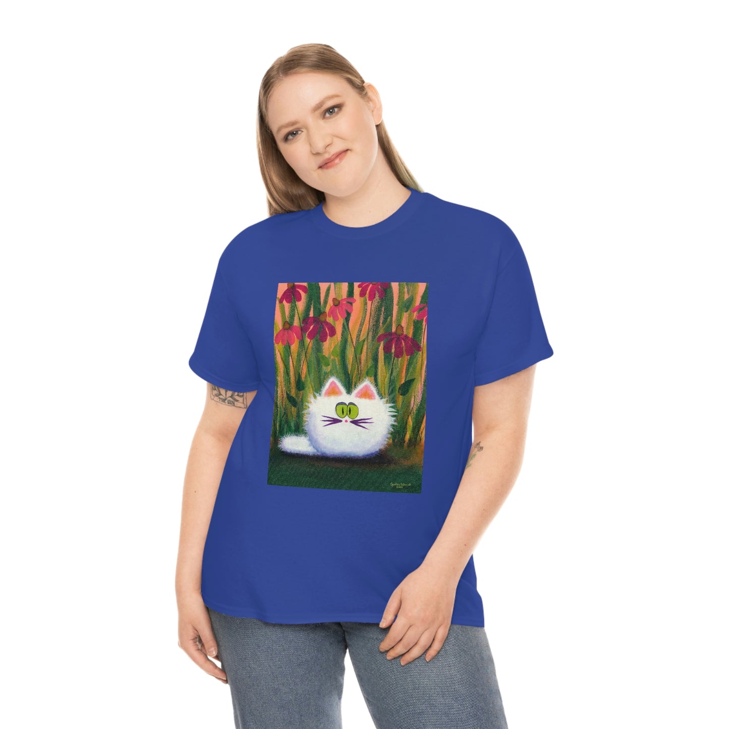 White FluffCat with Coneflowers - T-Shirt!  Free Shipping!