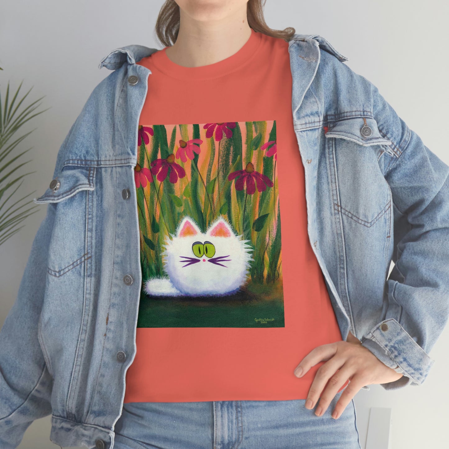 White FluffCat with Coneflowers - T-Shirt!  Free Shipping!