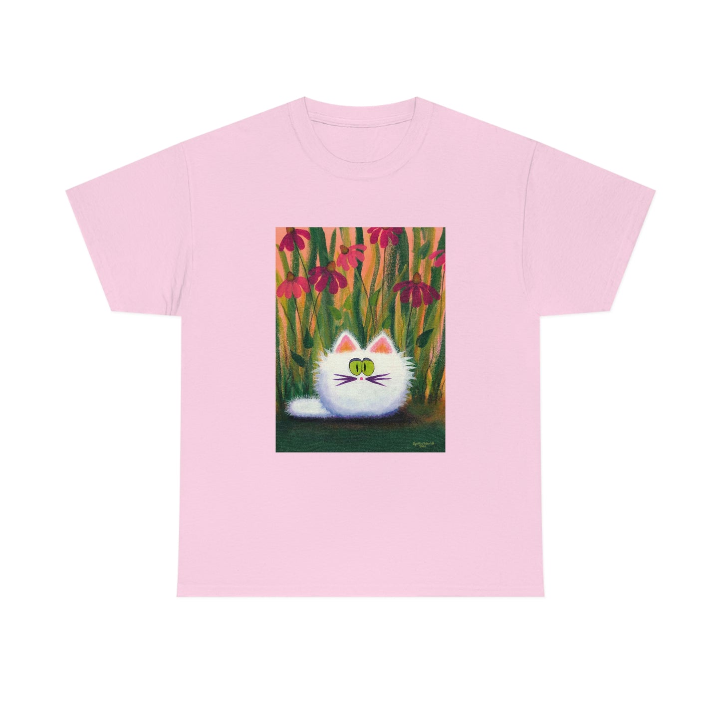 White FluffCat with Coneflowers - T-Shirt!  Free Shipping!