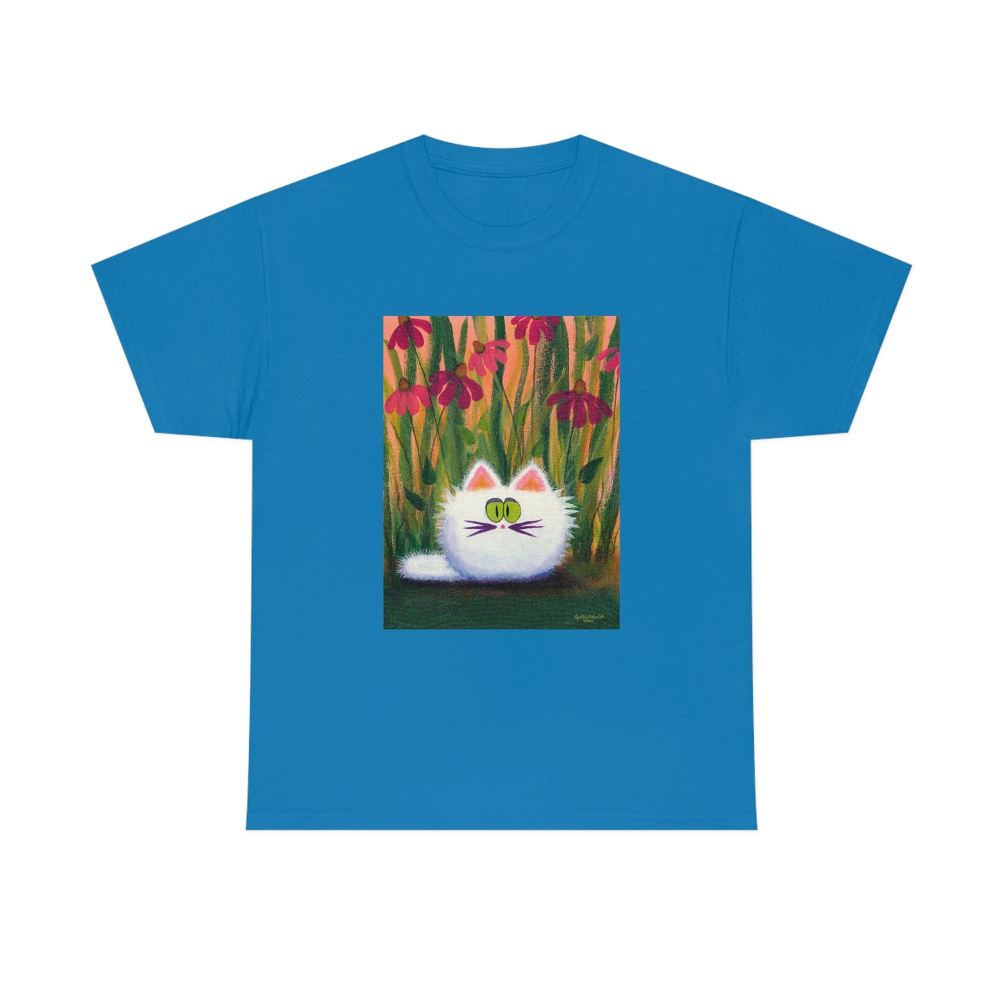 White FluffCat with Coneflowers - T-Shirt! Free Shipping!