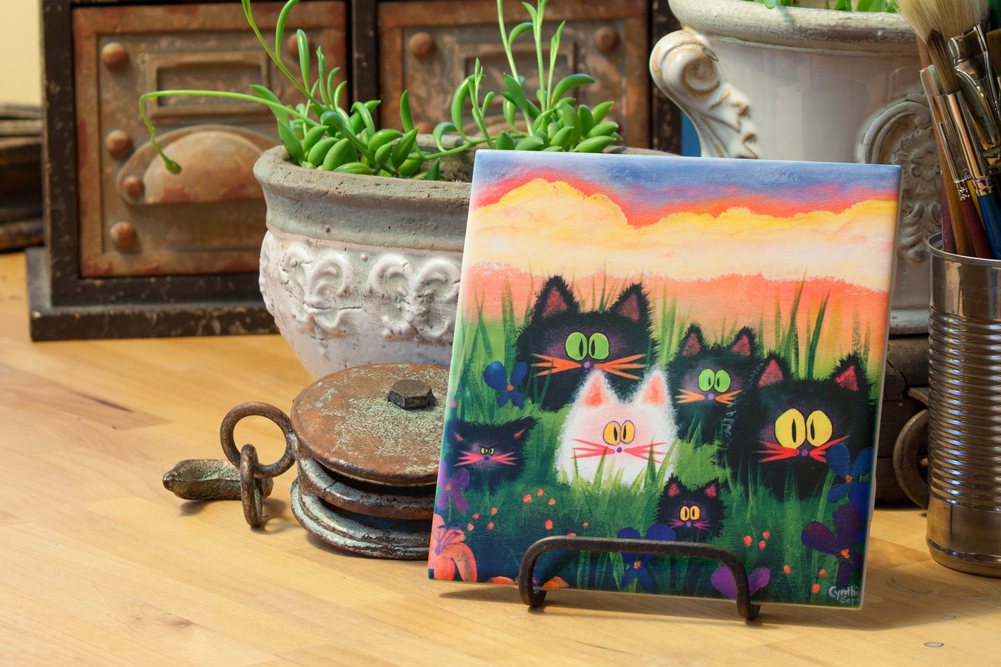 Herd of Kitties - Ceramic Tile - Cranky Cat Collection by Cindy Schmidt