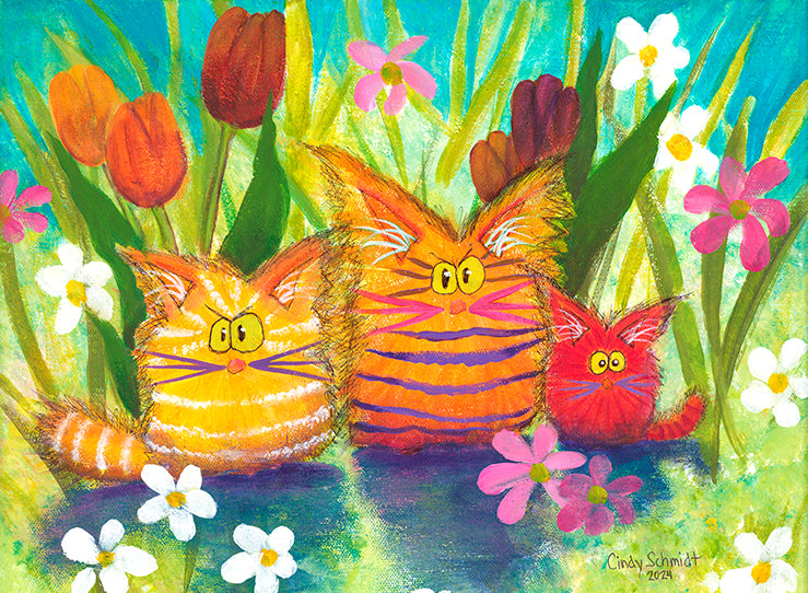 2 Orange Cranky Cats Plus One Red Cat — Matted Print