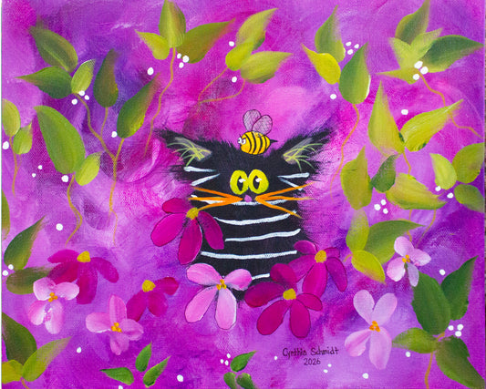 Black Striped Cat with BEE! Matted Print