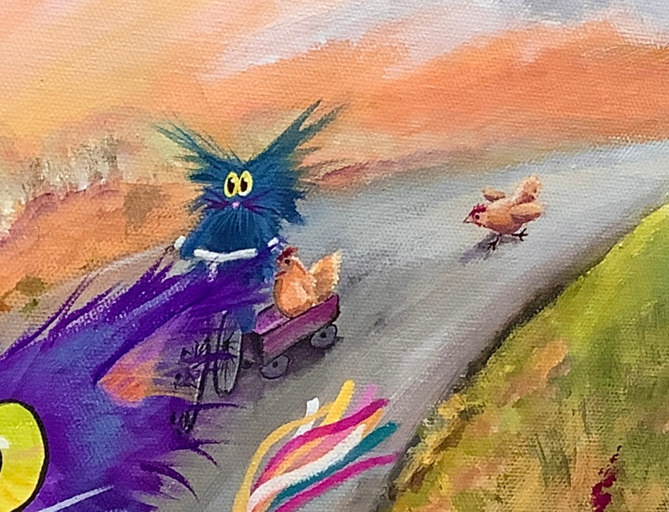 Tour de Feline Plus Chickens - Original Painting