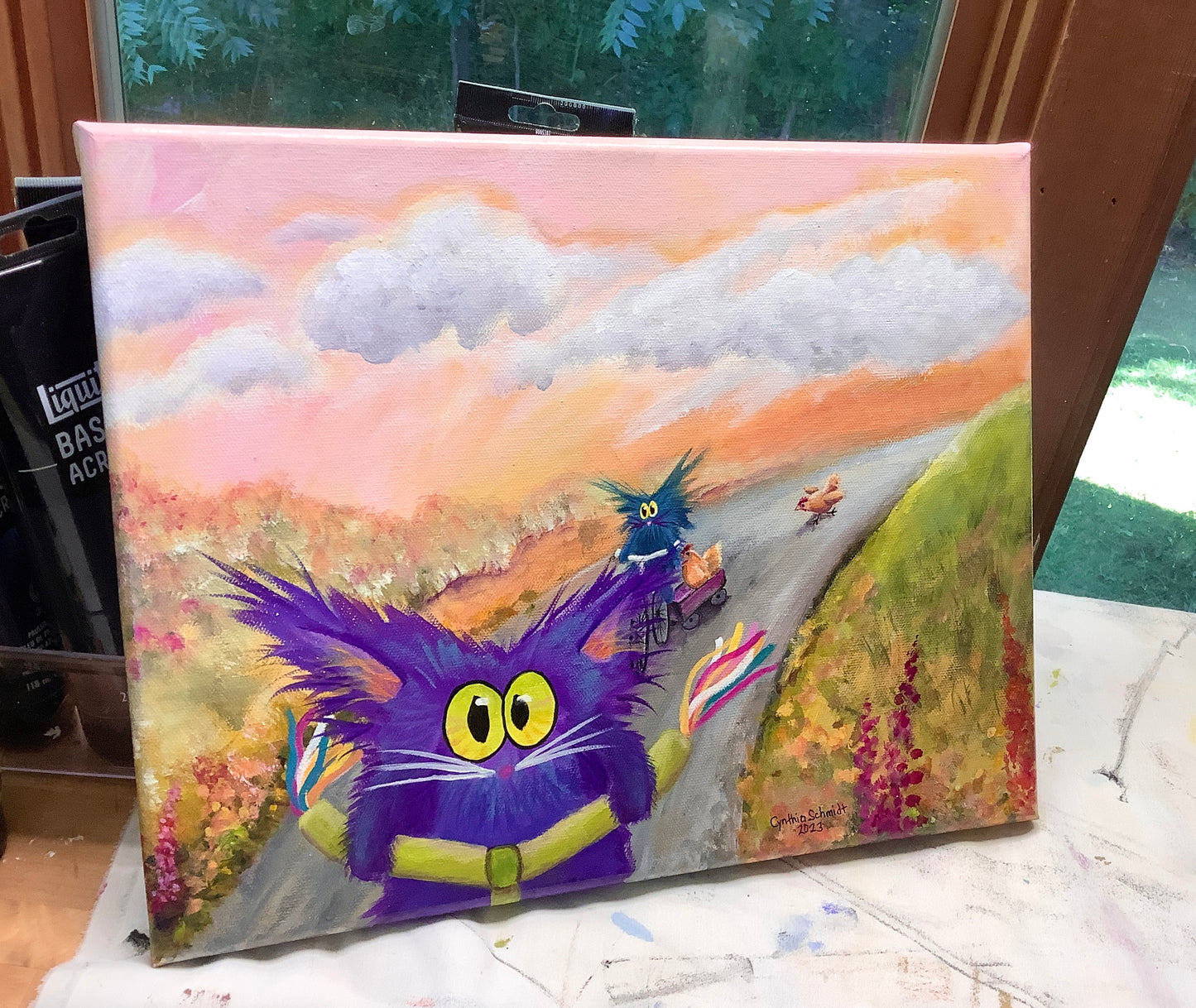 Tour de Feline Plus Chickens - Original Painting
