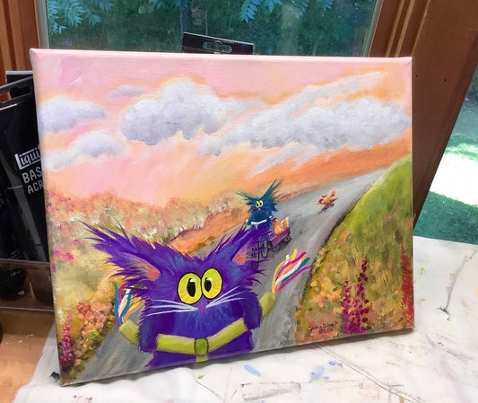 Tour de Feline Plus Chickens - Original Painting
