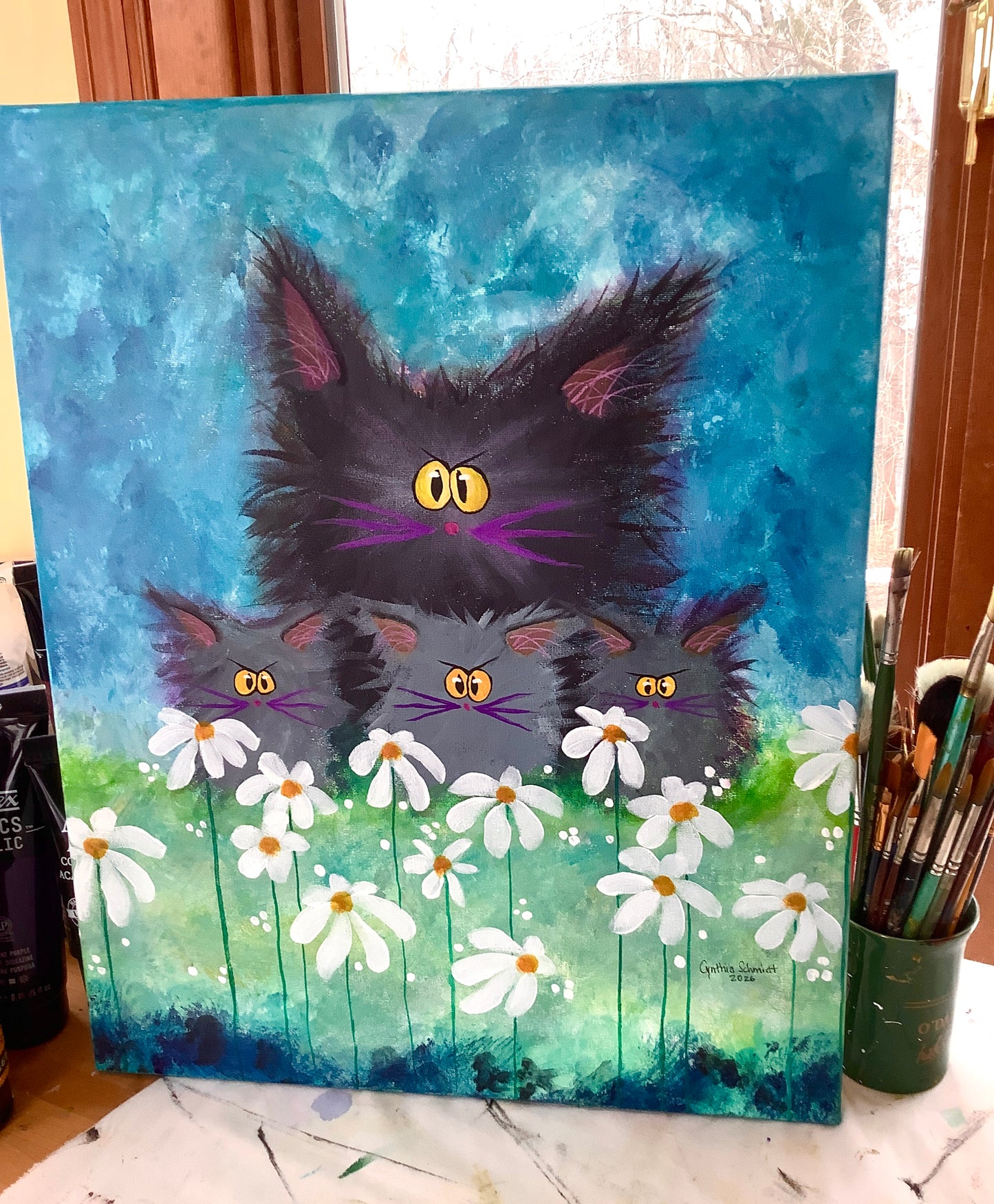 Fuzzy Cat Family with Daisies - Original Painting