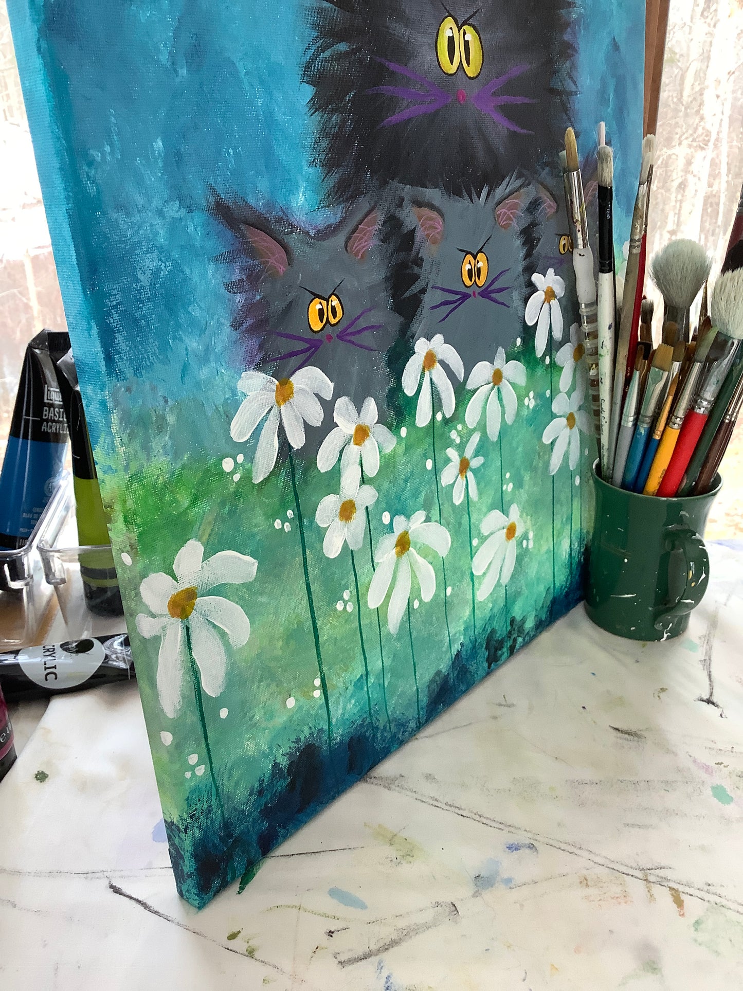 Fuzzy Cat Family with Daisies - Original Painting