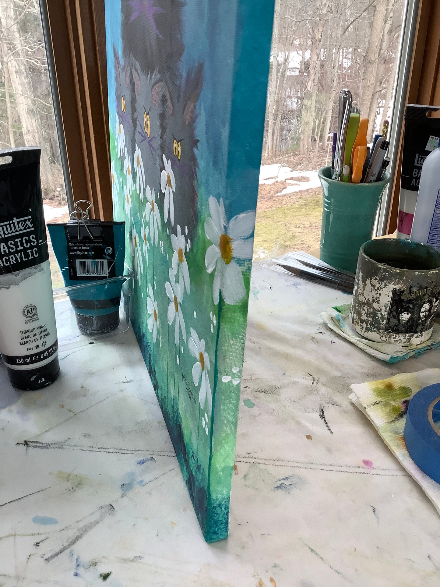 Fuzzy Cat Family with Daisies - Original Painting