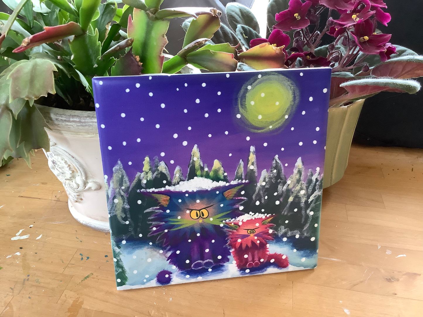 2 Cranky Cats in Snowstorm - Ceramic Tile