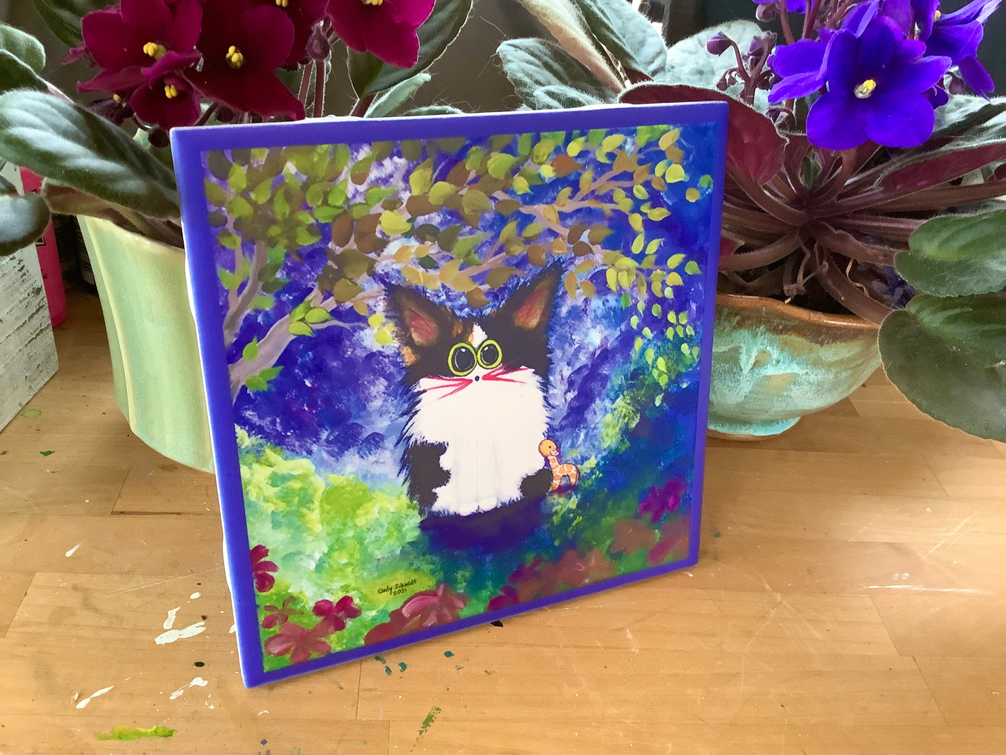 Calico with Favorite Giraffe Toy - Ceramic Tile