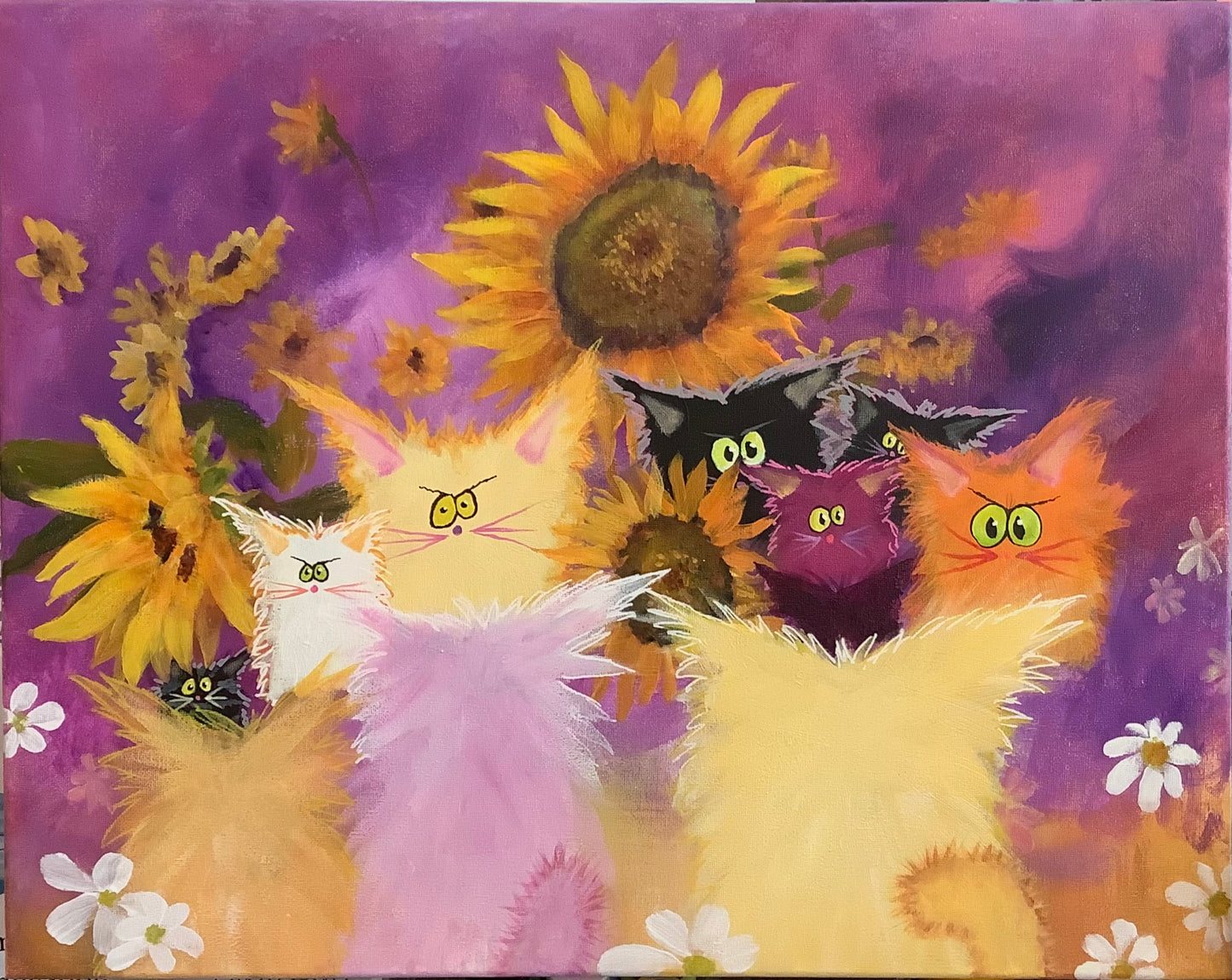 Cat Colony with Sunflowers - Original Painting