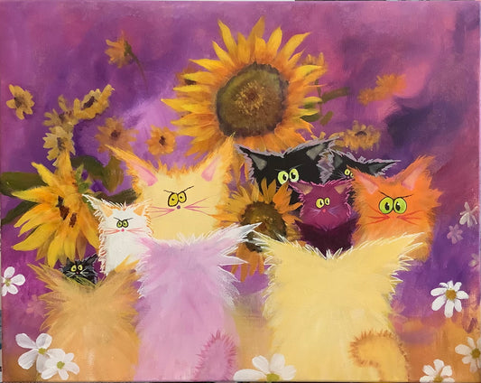 Cat Colony with Sunflowers - Original Painting