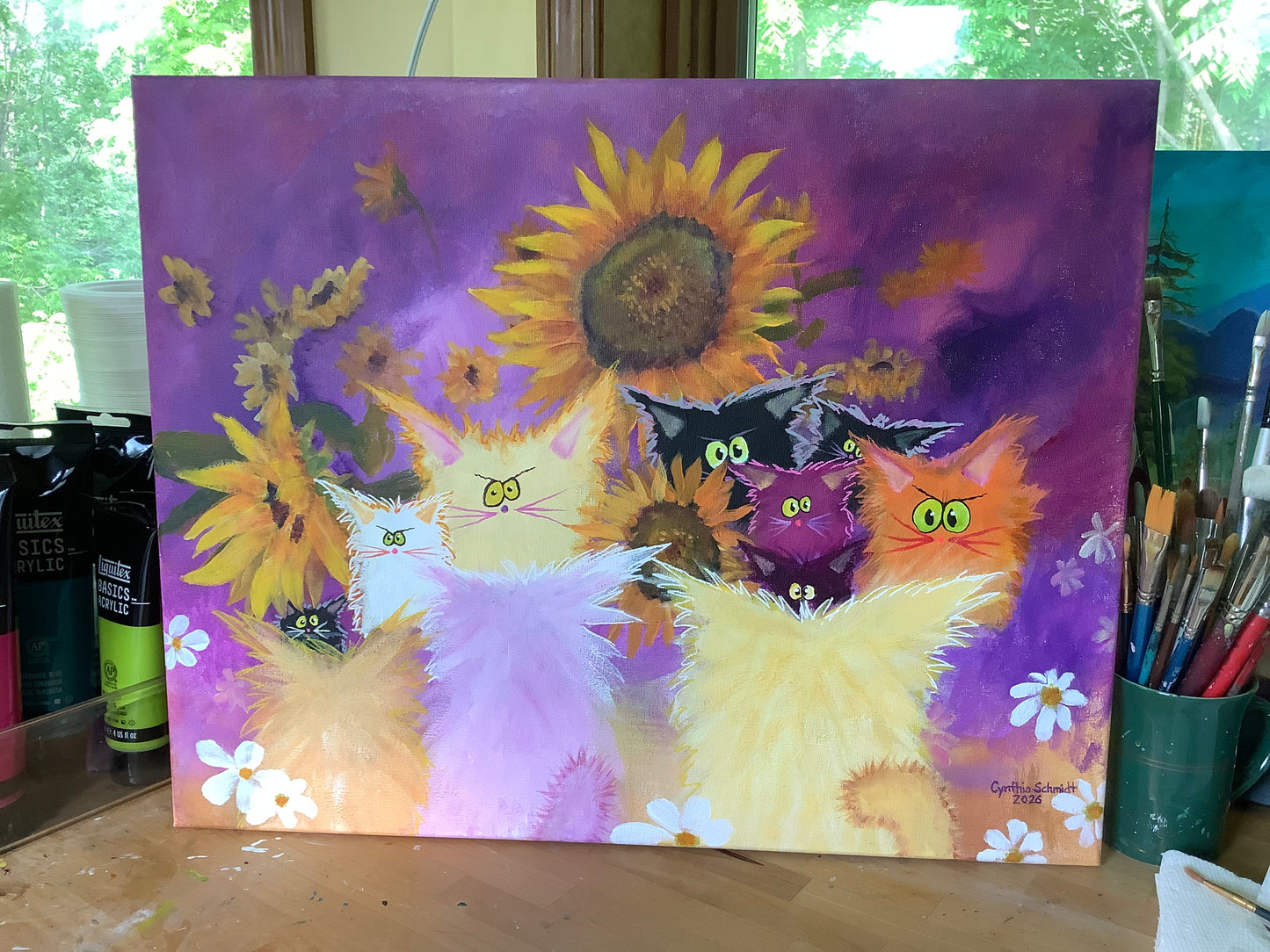 Cat Colony with Sunflowers - Original Painting