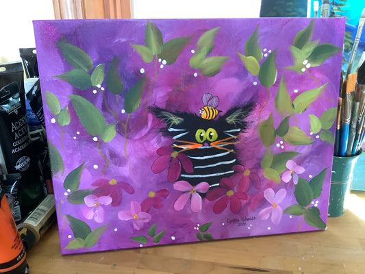 Black Striped Cat with BEE! Original Painting