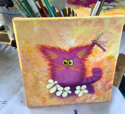 Pink Cat with Dragonfly - Original Painting