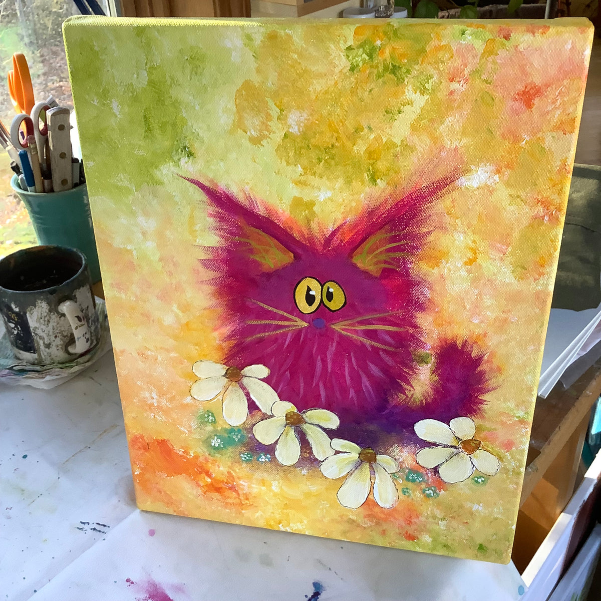 Pink Cat with Flowers - Original Painting