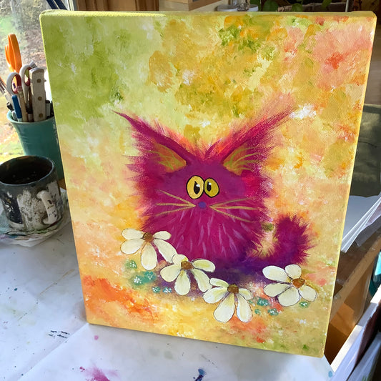 Pink Cat with Flowers - Original Painting