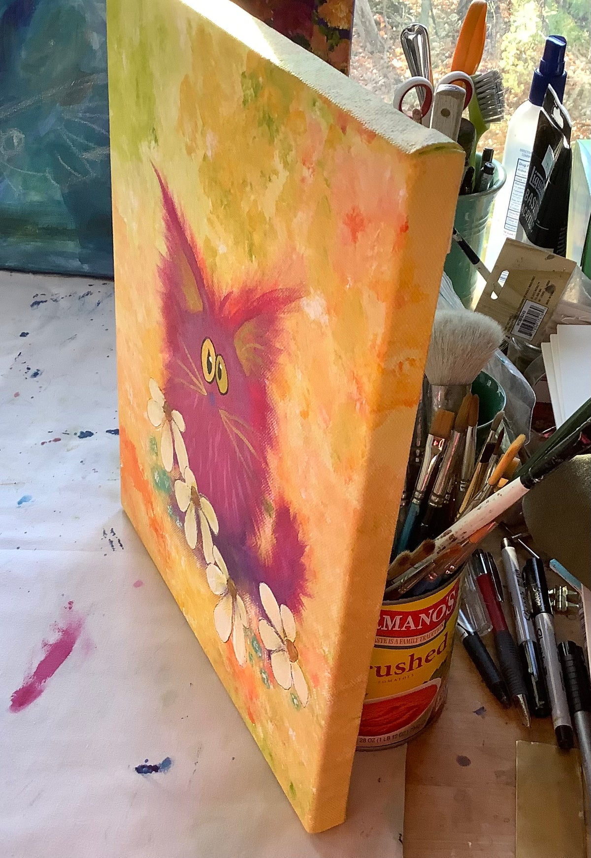 Pink Cat with Flowers - Original Painting