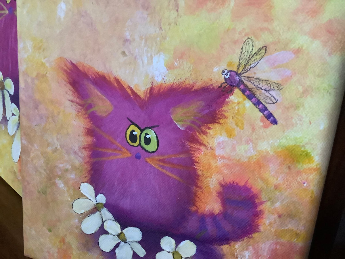 Pink Cat with Dragonfly - Original Painting