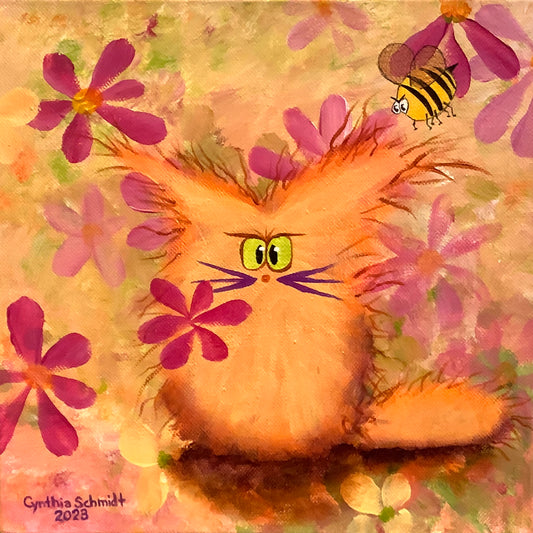 Ginger Cat with Neon Flowers - Original Painting