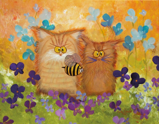 Two Orange Cranky Cats with Bee — Matted Print