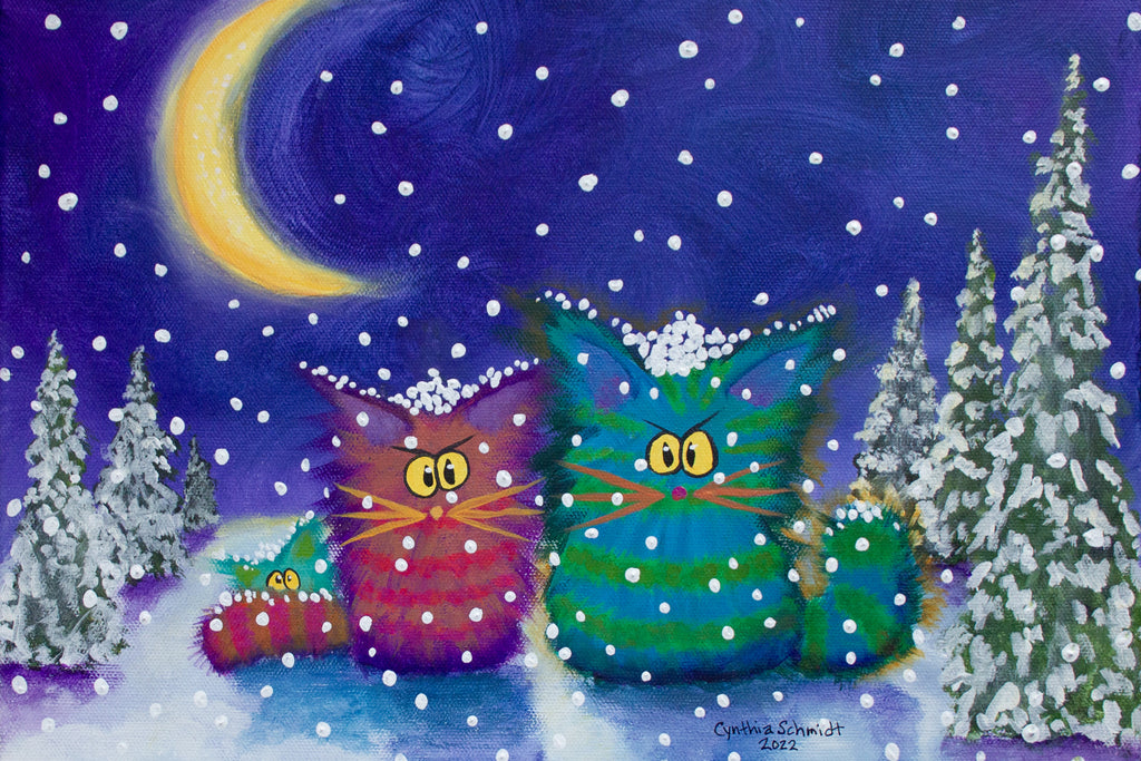 3 Cranky Cats in Snowstorm — Matted Print