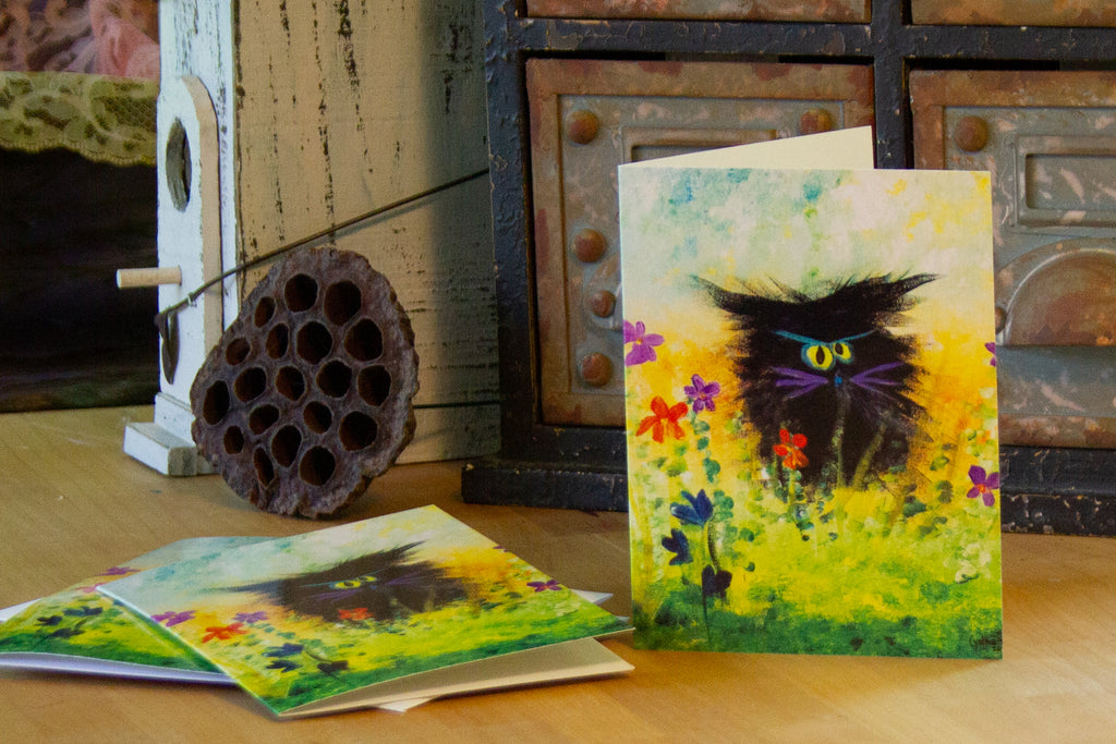 Black Cranky Cat with Purple Whiskers — Note Card