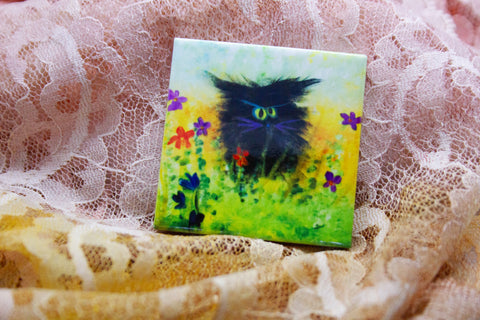 Black Cranky Cat with Purple Whiskers - Magnet