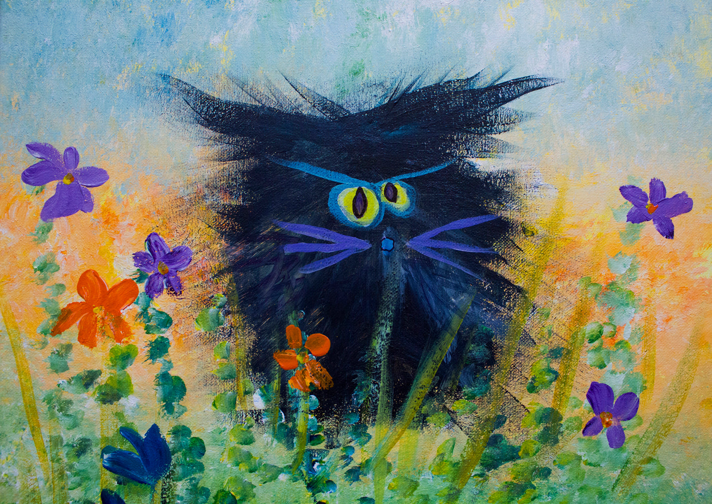 Black Cranky Cat with Purple Whiskers - Matted Print