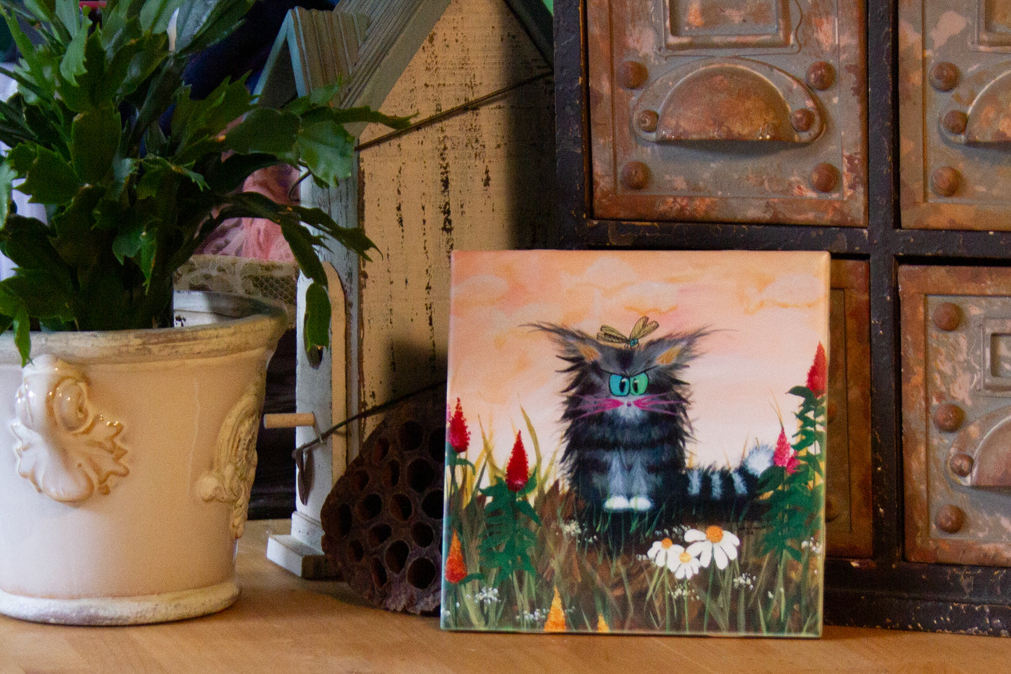 Cranky Cat with Celosia and Dragonfly - Ceramic Tile