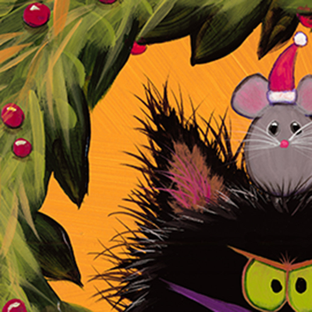 detail, Cranky Christmas Cat in Wreath, now with mouse by Cindy Schmidt