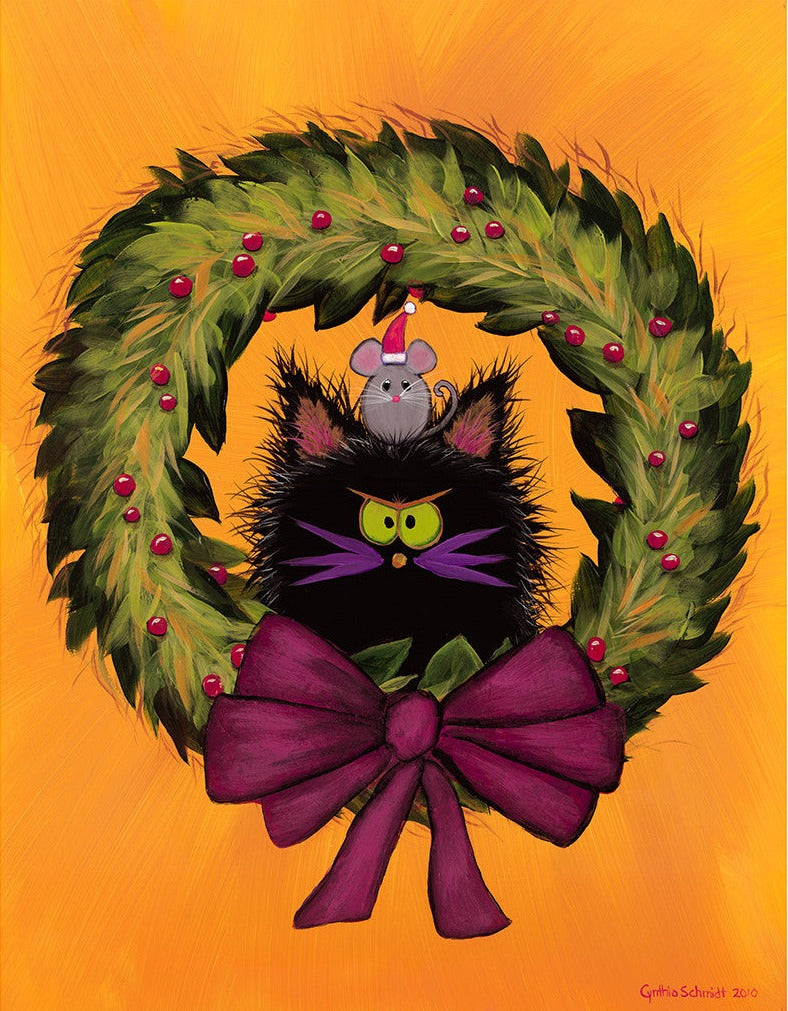 Cranky Christmas Cat in Wreath, now with mouse by Cindy Schmidt