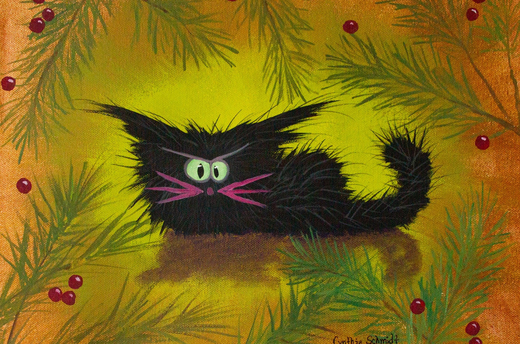 Christmas Black Cranky Cat — Matted Print