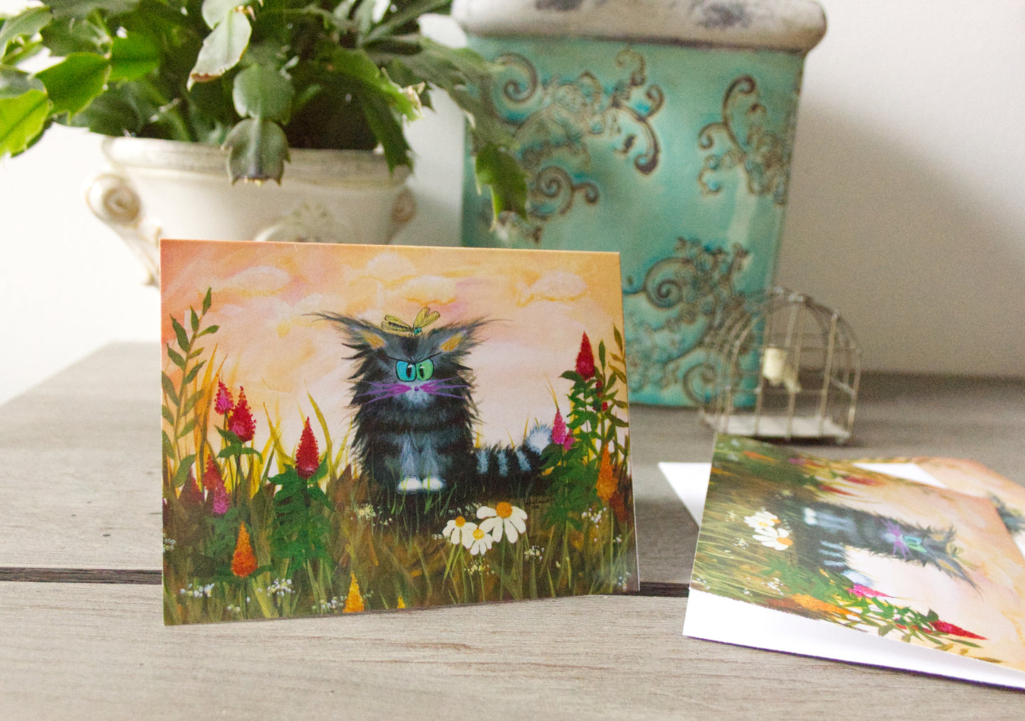 Cranky Cat with Celosia and Dragonfly — Note Card