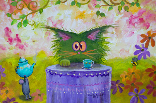 Green Cat Tea Party — Matted Print